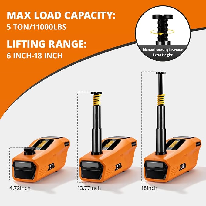 Electric Car Jack Kit 5 Ton 12V Floor Jack Portable Hydraulic Car Jack with Impact Wrench and Tire Inflator Pump for SUV Sedans Tire Change with LED Light, Lifting Height 4.7 to 18 Inch