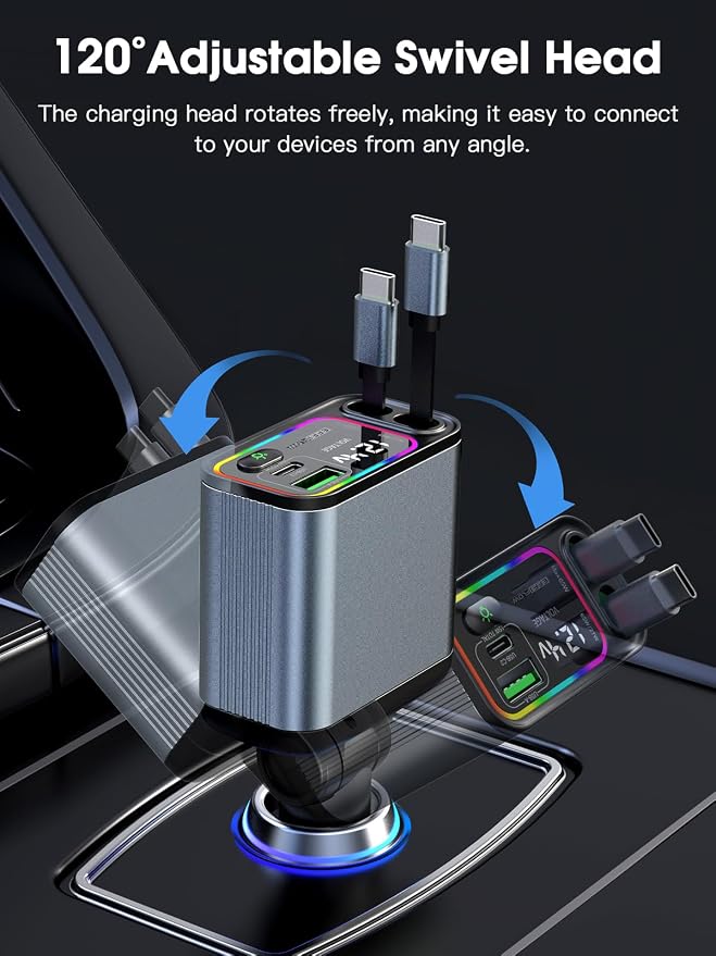 Dual Retractable Car Charger USB C, 145W Fast Charging Type C Car Charger with Retractable Cable, Compatible with iPhone 17/16/15/Air, Samsung S25/24/23/22, Pixel 9/8/7 - Grey