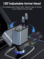 Dual Retractable Car Charger USB C, 145W Fast Charging Type C Car Charger with Retractable Cable, Compatible with iPhone 17/16/15/Air, Samsung S25/24/23/22, Pixel 9/8/7 - Grey