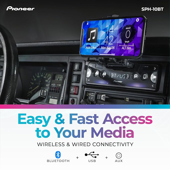 SPH-10BT 1-Din Smart Sync Receiver – Bluetooth, Smartphone Mount, Color Change, USB, FLAC, Voice Control, 50W x 4 Output, 13-Band EQ, AM/FM Radio, Front, Rear/SW Selectable RCA Preout