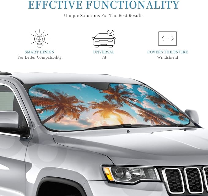 Windshield Sun Shade Beach Palm Tree Sunrise Front Window Sunshade Cover for Car Truck SUV Blocks UV Rays Automotive Visor Interior Protector 51 x 27.5 inch