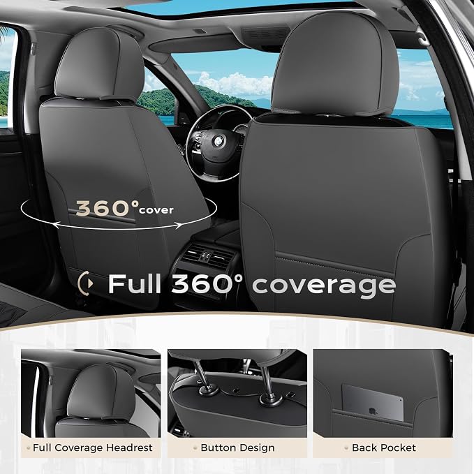 Coverado Car Seat Covers Front Seats, Minimalist Scratch-Resistant Waterproof Faux Leather Full Set with Rear Protectors, Business Daily Driving – GrayBlack