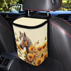 Horse Sunflower Butterfly Print Car Trash Can with Lid, Leak Proof Auto Trash Bag Hanging Vehicle Garbage Can Multipurpose Storage Container for Back Seat Road Trip