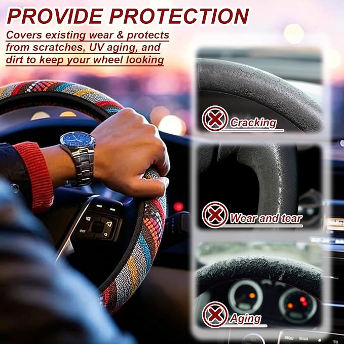 Boho Flax Cloth Steering Wheel Cover, Hippie Baja Blanket Anti-Slip Breathable Protector, Universal Fit 14.5-15 Inch for Cars SUV Van Truck, Women Car Interior Accessories (Style C)