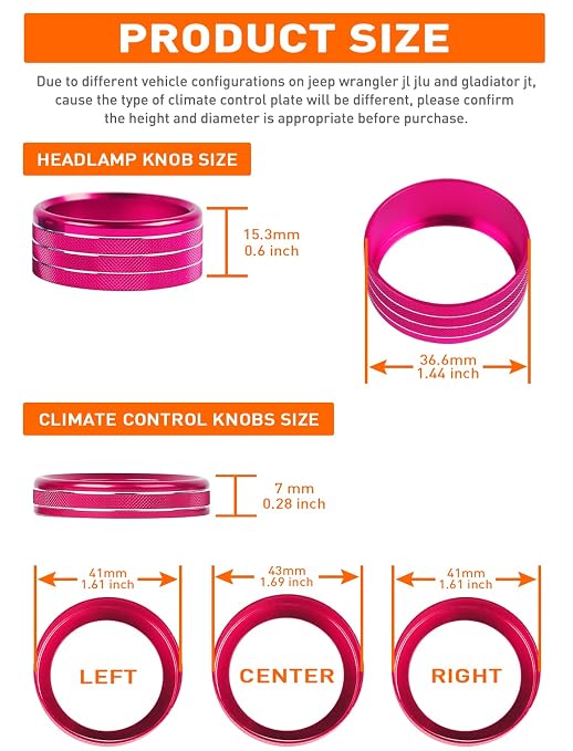 Climate Control Panel Knob Trim Kit & Light Control Switch Cover, Air Conditioner Knob Aluminum Alloy Ring for 2018-2024 Jeep Wrangler JL JLU & Gladiator JT, Interior Accessories, Pink