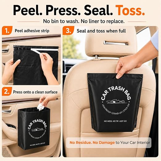 Disposable Car Trash Bags, 60 Count Stand-Up & Stick-On Car Garbage Bags, 2 Gallon Leakproof Odor Seal Heavy Duty Car Trash Can Alternative for Car SUV Truck