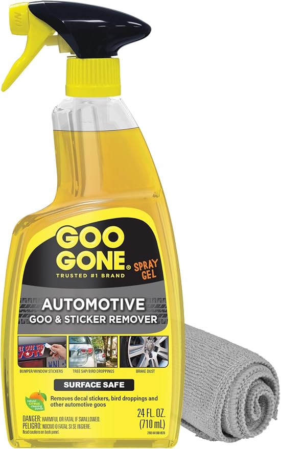 Automotive Adhesive Remover, Goo & Grime Cleaner for Bumper Stickers, Decals, Tree Sap, Brake Dust, Bird Droppings, Gum, Spray Paint, Asphalt, 24 oz with MicroFiber Buffing Towel