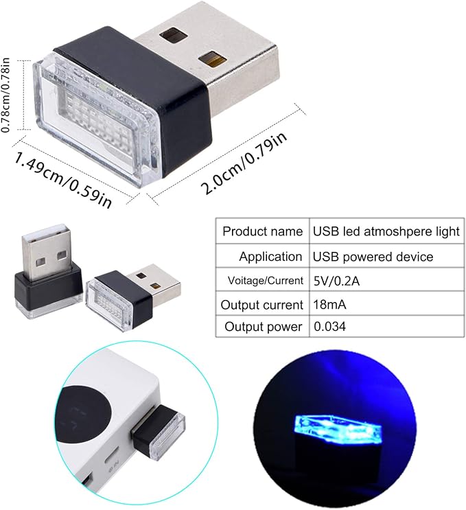 4Pcs Blue USB Car Interior Atmosphere Lamps, Universal Mini Led USB Lights for Car Decoration, Lighting