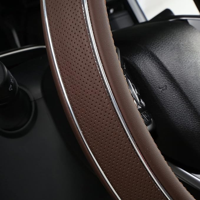 Brown Leather Steering Wheel Cover Fiber Strip Car Steering Wheel Cover Universal 15 inch for Men