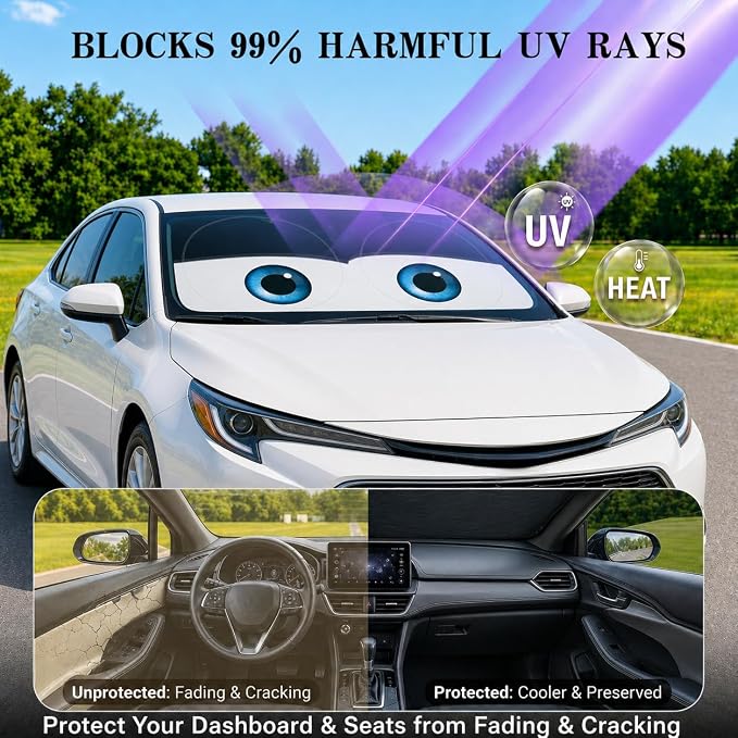 Car Windshield Sun Shade, Universal Fit Compact Sedan SUV, Classic Black | 59 x 27.5" Car Sun Visor, Foldable Front Window Sunshade, UV Heat Protection, Cute Eyes Series