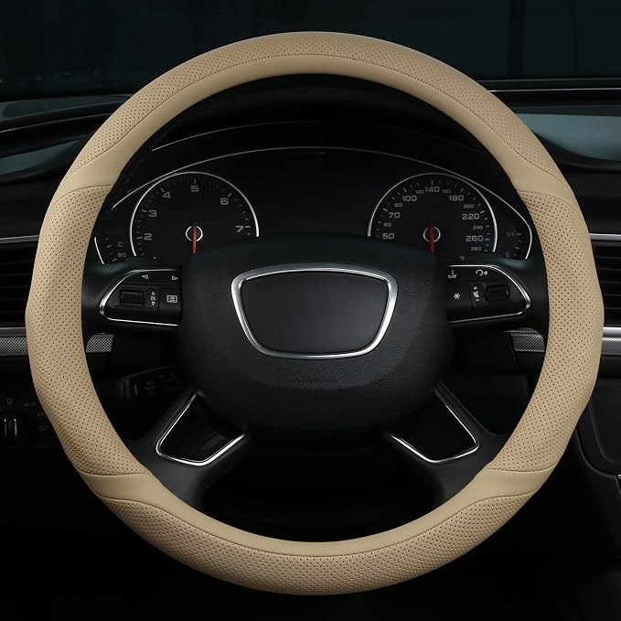 Buff Leather Steering Wheel Cover Universal 15 inch