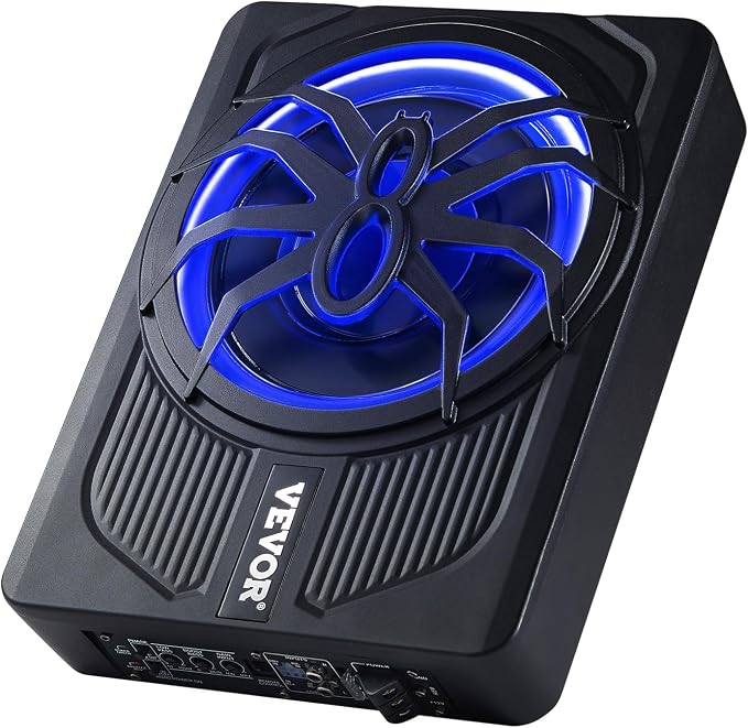 10" 440W Underseat Car Subwoofer, Slim Powered Car Subwoofers with Blue Ambient Light, Low Profile Audio Sub Under The Seat with Built-in Amplifier, Remote Controller for SUVs, Car, Truck, RV