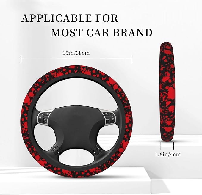 Classic Horror Blood Splatter Black Steering Wheel Cover Non-Slip Auto Steering Wheel Protector Car Accessories Universal Fit 15 Inches for Men Women