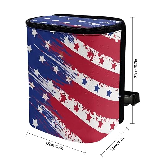 American Flag Star Print Car Trash Can with Lid, 4th of July Leak Proof Auto Trash Bag Hanging Vehicle Garbage Can Multipurpose Storage Container for Back Seat Road Trip