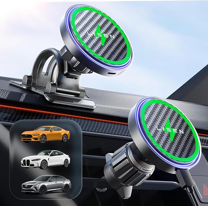 15W MagSafe Car Mount Charger,[Carbon Fiber] Magnetic Wireless Car Charger, Dashboard & Air Vent Car Phone Mounts, Magnetic Phone Holder for Car Mount for iPhone 17/16/15/14/13/12, Samsung Pixel | Carbon Fiber 15W Magsafe Car Mount Charger, 2 in...