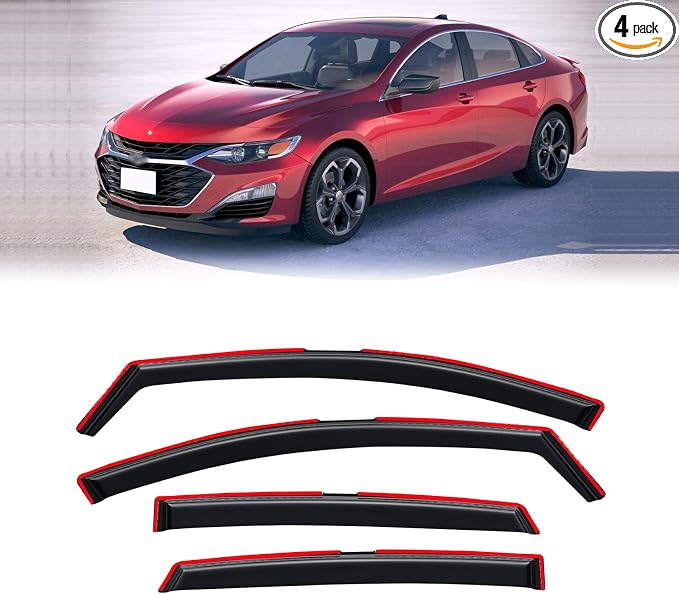 in-Channel Rain Guards for 2016-2025 Chevrolet (Chevy) Malibu, Window Visor Shields Vent Deflector Shade Wind Dark Smoke 2017 2018 2019 2020 2021 2022 2023 2024, Tape-On Outside-Mount, 4PCS