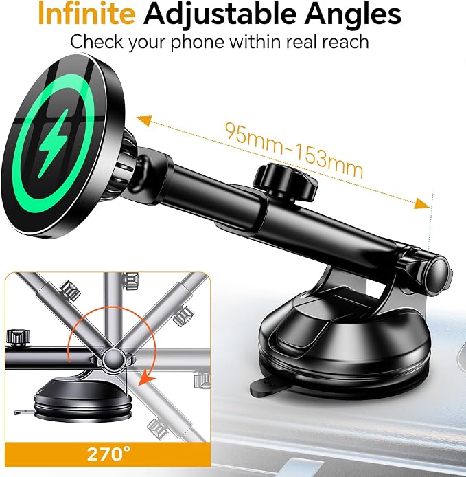 for Magsafe Car Mount Charger【Strongest Magnet】 Upgraded Wireless Car Charger Magnetic Phone Holders for Your Car Suction Cup Phone Mount for MagSafe Car Charger for iPhone 17 16 15 14 13 12