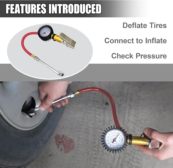 Digital Tire Pressure Gauge with Inflator, 0-220 PSI, Accuracy, Universal Fit Cars and Trucks (Red)