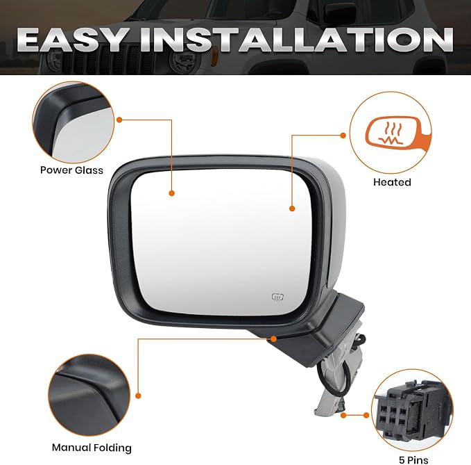 Left Driver Side Mirror Compatible with Jeep Renegade 2015-2025 Heated Manual Folding Power Glass Paintable Black