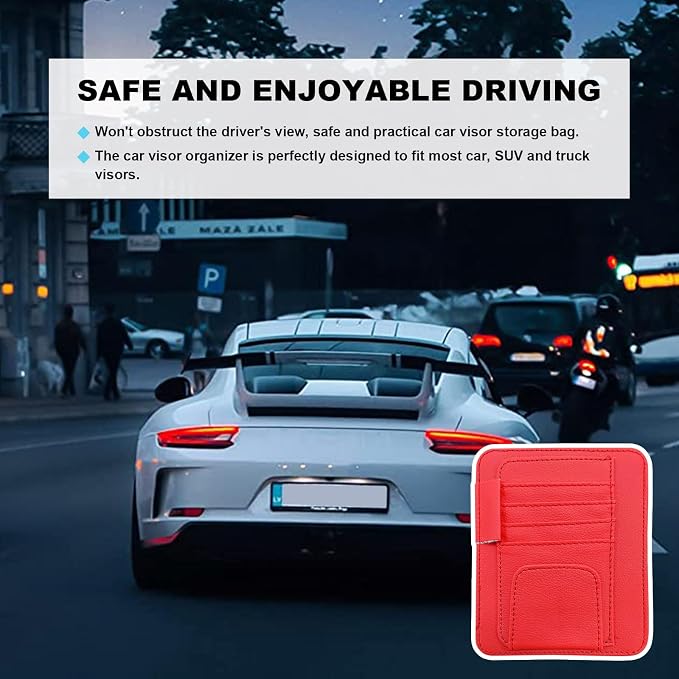 2PCS Small Leather Car Sun Visor Organizer, Multifunctional Auto Visor Document Holder with Sunglasses Clip, Universal Car Interior Organizer for Drving License, Card, Pen (Red)