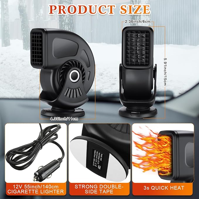 3 Pcs Car Heater & Defogger 12v 150w Rapid Windshield Defroster Portable Auto Fan Heater Plug in Cigarette Lighter 2 in 1 Fast Heating or Cooling with 360 Degree Suction(Black)
