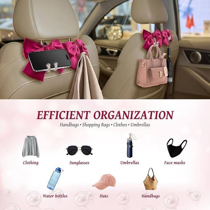 2 PCS Bow Pearl Car Seat Headrest Hook – Cute Purse Hook for Car, Girly Interior Decoration Accessories Hook Hanger, Seatback Holder for Purses & Bags, Elegant Car Organizer (Berry Fuchsia)