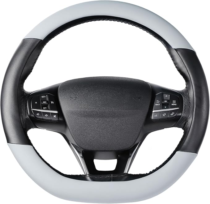 Flat Bottom Steering Wheel Cover, D Shaped Car Wheel Cover 14 1/2-15 in. (37-39 cm), Black Gray Microfiber Leather