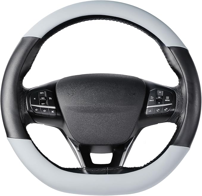 Flat Bottom Steering Wheel Cover, D Shaped Car Wheel Cover 14 1/2-15 in. (37-39 cm), Black Gray Microfiber Leather