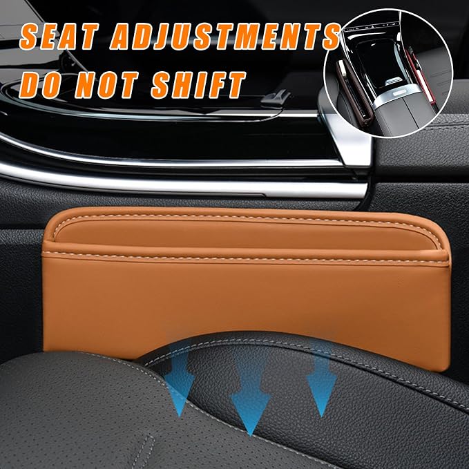 Car Seat Gap Organizer, Premium Leather Auto Seat Storage Box, Vehicle Adjustable Front Seat Gap Filler, Car Seat Side Pocket Organizer for Phones, Glasses, Keys, Money, Cards (Khaki)