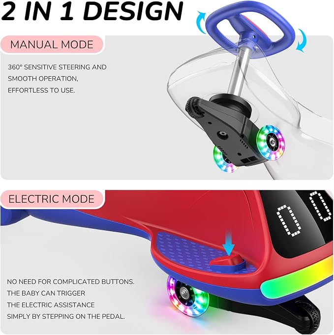 12V Electric Wiggle Car for Kids with Pedal, Display, Rechargeable Battery, LED Light, Bluetooth, Light-Up Wheels, Anti-Rollover, 2 Speeds, Ride on Toys, Birthday Gifts for Age 3+, 150Lbs