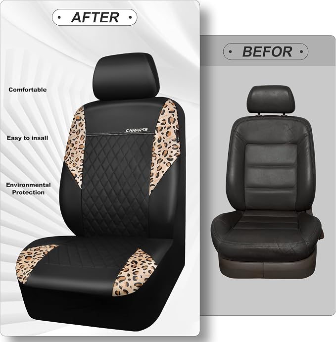 Leopard Print Faux Leather Car Seat Covers & Leopard Car Mats&Leopard Steering Wheel Cover Seat Belt Pad Universal Car Accessories for SUV,Van,Saden,Truck Automobile Interior Sets