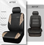 Leopard Print Faux Leather Car Seat Covers & Leopard Car Mats&Leopard Steering Wheel Cover Seat Belt Pad Universal Car Accessories for SUV,Van,Saden,Truck Automobile Interior Sets
