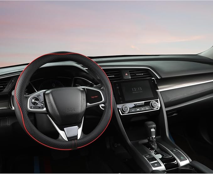 Microfiber Leather Car Steering Wheel Cover for Honda Civic, CR-Z, Insight, S2000,14-14.25 inch (Black+Red Line-Small Size)