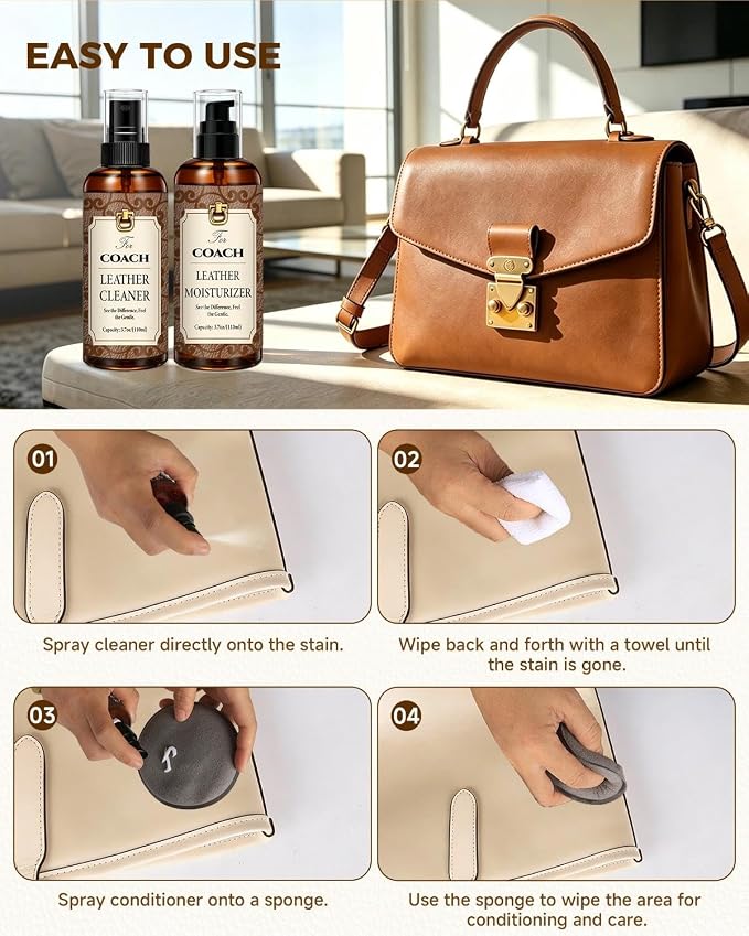 Leather Cleaner & Moisturizer Set for Coach, Cleaning and Maintenance Kit for Coach, Deep Nourishing & Stain Removal, Gentle Care, Suitable for Coach Handbags, Wallets and Other Luxury Brands