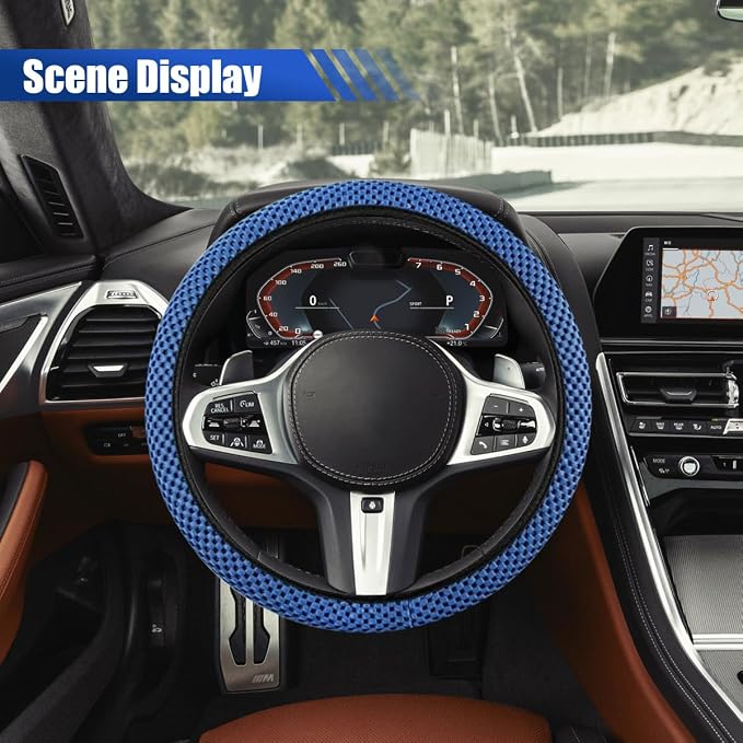 Elastic Stretch Steering Wheel Cover, 15" Breathable Microfiber Ice Silk Steering Wheel Protector, Universal Anti-Slip Car Warm in Winter&Cool in Summer Accessories for Men Women (Blue)