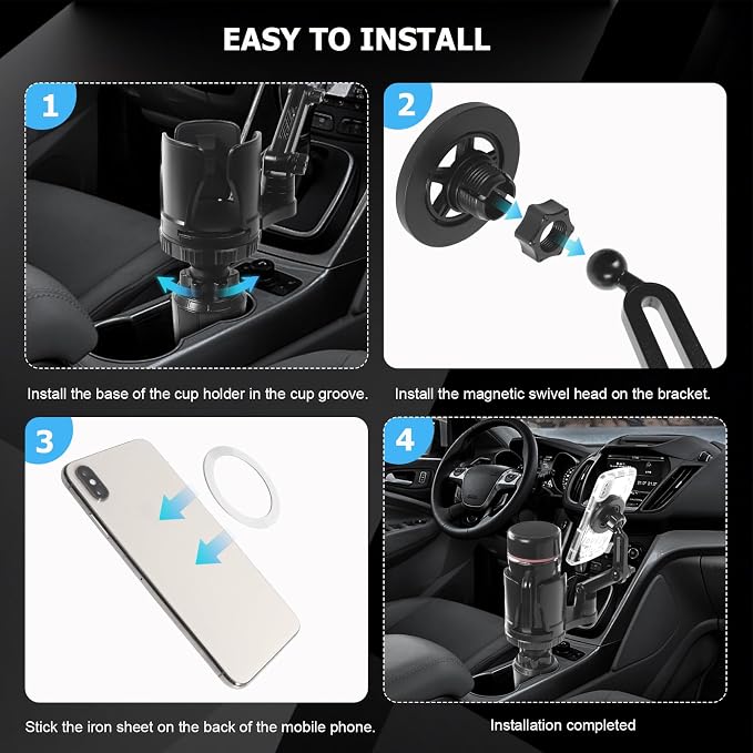 Frani Car Cup Holder Expander with Magnetic Phone Mount | Adjustable Insert Fits 2.68-4.33" Holders, 360° Adjustable Neck, Strong N52 Magnets, iPhone Samsung Compatible