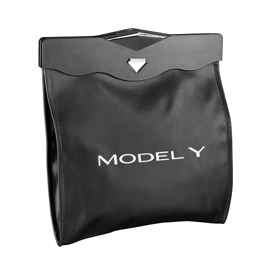 Trash Can for Tesla Model Y 2020-2026 Garbage Bag [Strong Magnetic Buckle] with LED Light 1PCS Backseat Hanging Garbage Bin Waterproof Faux Leather Model Y Interior Accessories 2.5 Gallons