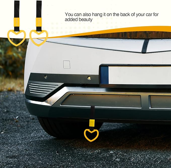 2PCS Heart Shaped Car Handle Straps, Rear Bumper Warning Keychain Ring for Car Exterior Accessories (Yellow)