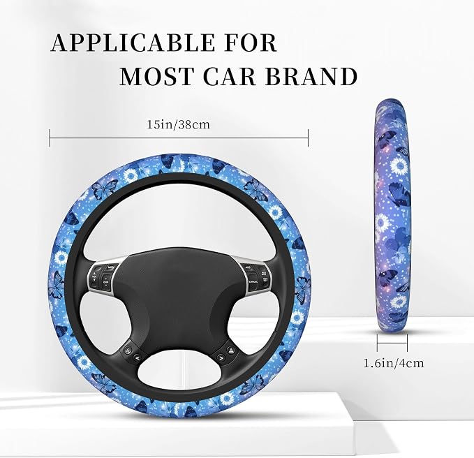 Blue Butterfly Steering Wheel Cover for Women Girls Flower Universal 15 inch Neoprene Anti-Slip Car Wheel Protector