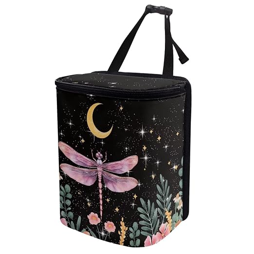 Dragonfly Flower Moon Print Car Trash Can with Lid, Leak Proof Auto Trash Bag Hanging Vehicle Garbage Can Multipurpose Storage Container for Back Seat Road Trip