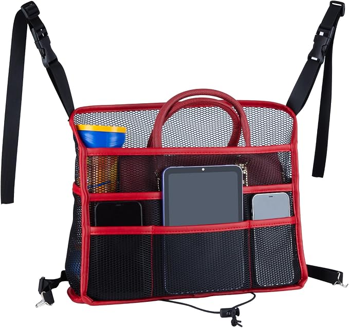 Car Seat Organizer Seat Back Storage Bag, Car Net Pocket Handbag Holder, Barrier of Backseat Dog Pet Kids for Car, Automotive Consoles Purse Holder, Black+Red Line