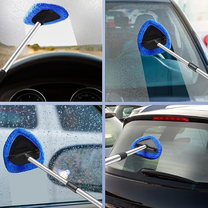 Car Windshield Cleaning Tool Set, Interior Exterior Auto Glass Cleaner Kit with Detachable Handle, 4 Reusable Microfiber Pads, Extendable Wiper Brush for Cars Trucks Home (Grey)
