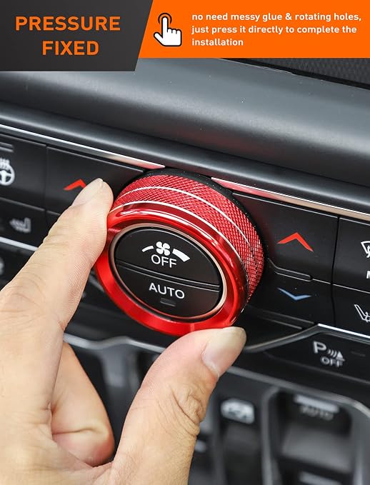 HVAC Climate Control Panel Knob Trim Kit & Light Control Switch Cover, Air Conditioner Knob Aluminum Alloy Ring for 2018-2024 Jeep Wrangler JL JLU & Gladiator JT, Interior Accessories, red