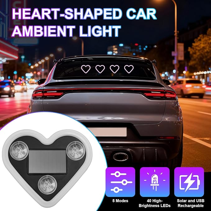 Heart-Shaped LED Neon Light | Solar and USB Rechargeable | 1 Pcs Pink & 1 Pcs Blue Car Interior Lights with Suction Cups | 40 High-Brightness LEDs Car Ambient Light, 5 Modes