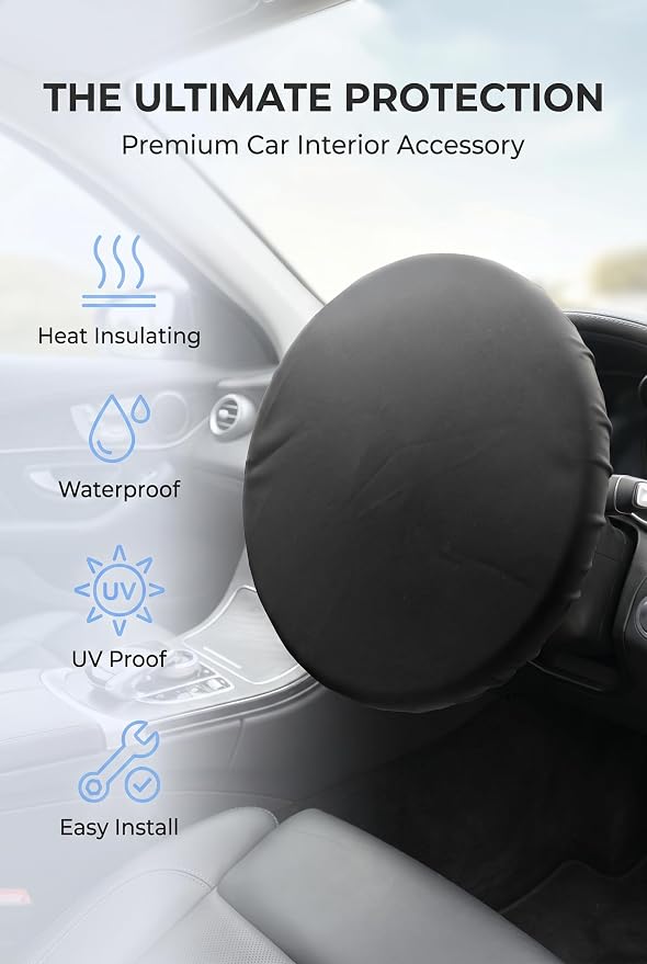 Car Steering Wheel Cover, Waterproof Sunproof Heat-Insulated Steering Wheel Protector, Thickened Soft Full-Coverage Car Interior Accessory, Universal for Most Cars (Black)