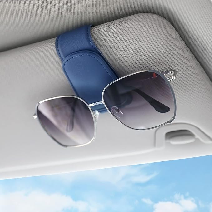 Sunglass Holder for Car Visor Sunglasses Clip Magnetic Leather Glasses Eyeglass Holder Truck Car Interior Accessories Universal for Woman Man -Blue
