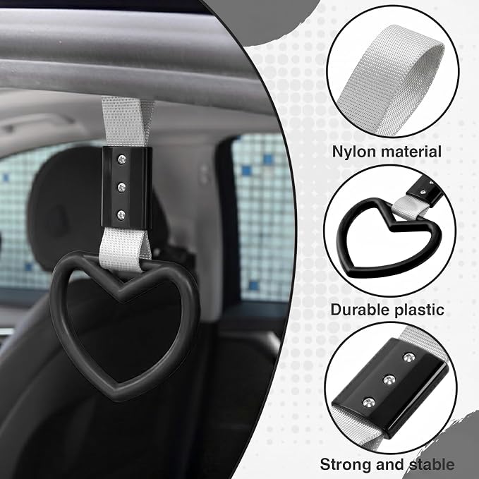 2PCS Heart Shaped Car Handle Straps, Rear Bumper Warning Keychain Ring for Car Exterior Accessories (Black-Silver)