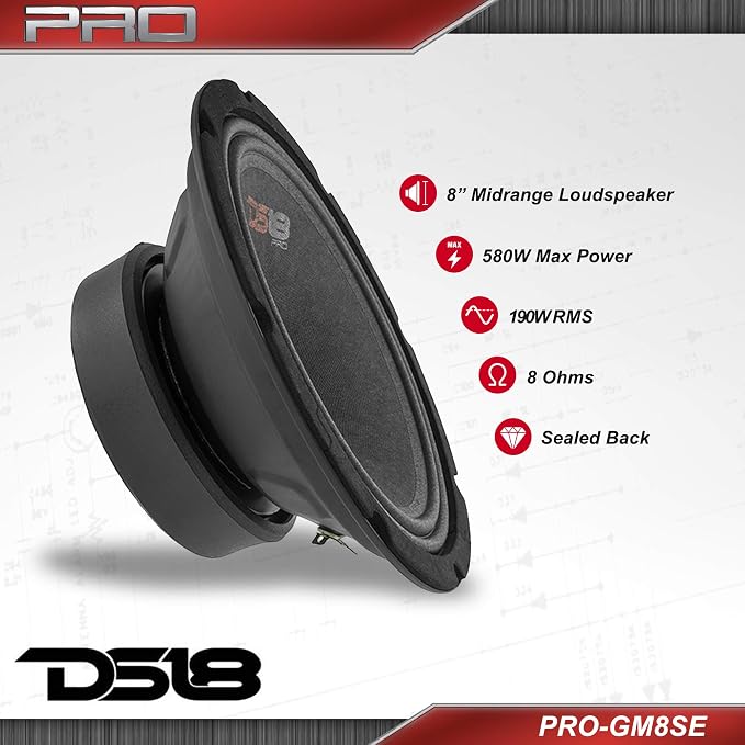 PRO-GM8SE Loudspeaker - 8", Midrange, Sealed Back, 480W Max, 140W RMS, 8 Ohms - Premium Quality Audio Door Speakers for Car or Truck Stereo Sound System (1 Speaker)
