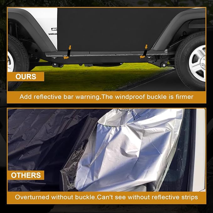 600D Cab Cover Windproof Sunshade Cover Compatible with Jeep Wrangler JK JL 2-Door 2007-2024, 6-Layer Protection Frost Wiper & Mirror Covers Protect from Sunshine, UV, Snow, Rain