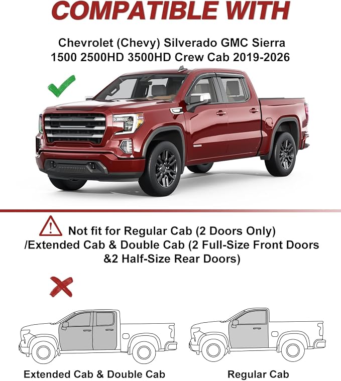 Outside-Mount Window Rain Guards Fit for 2019-2026 Chevy Silverado & GMC Sierra Crew Cab, Extra Durable Window Visors Deflector, Dark Smoke, Vent Shades for 19-26 1500 2500HD 3500HD Crew Cab